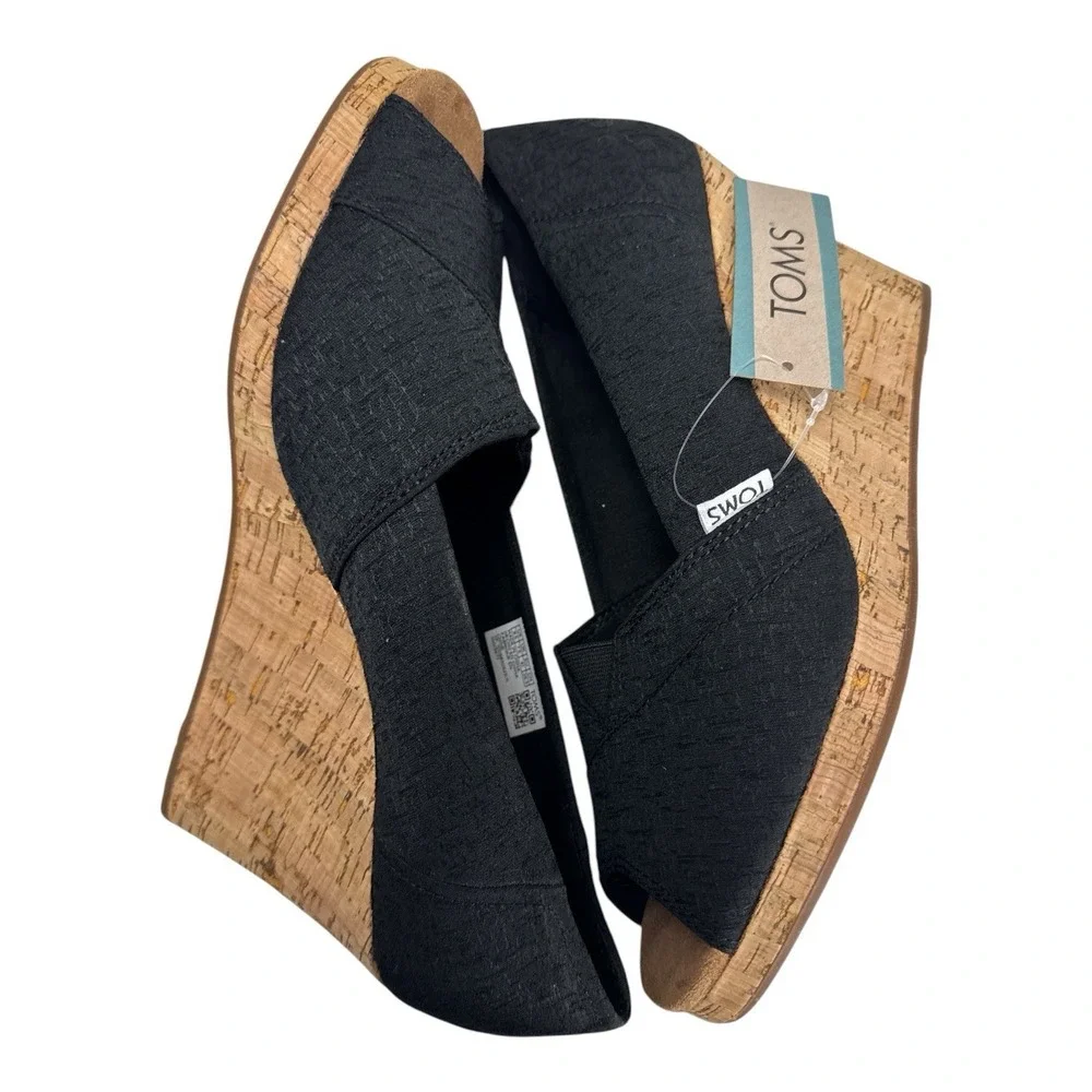 TOMS Black Cork Wedge Sandals Peep Toe Platform Slip On Heels Size 9.5M